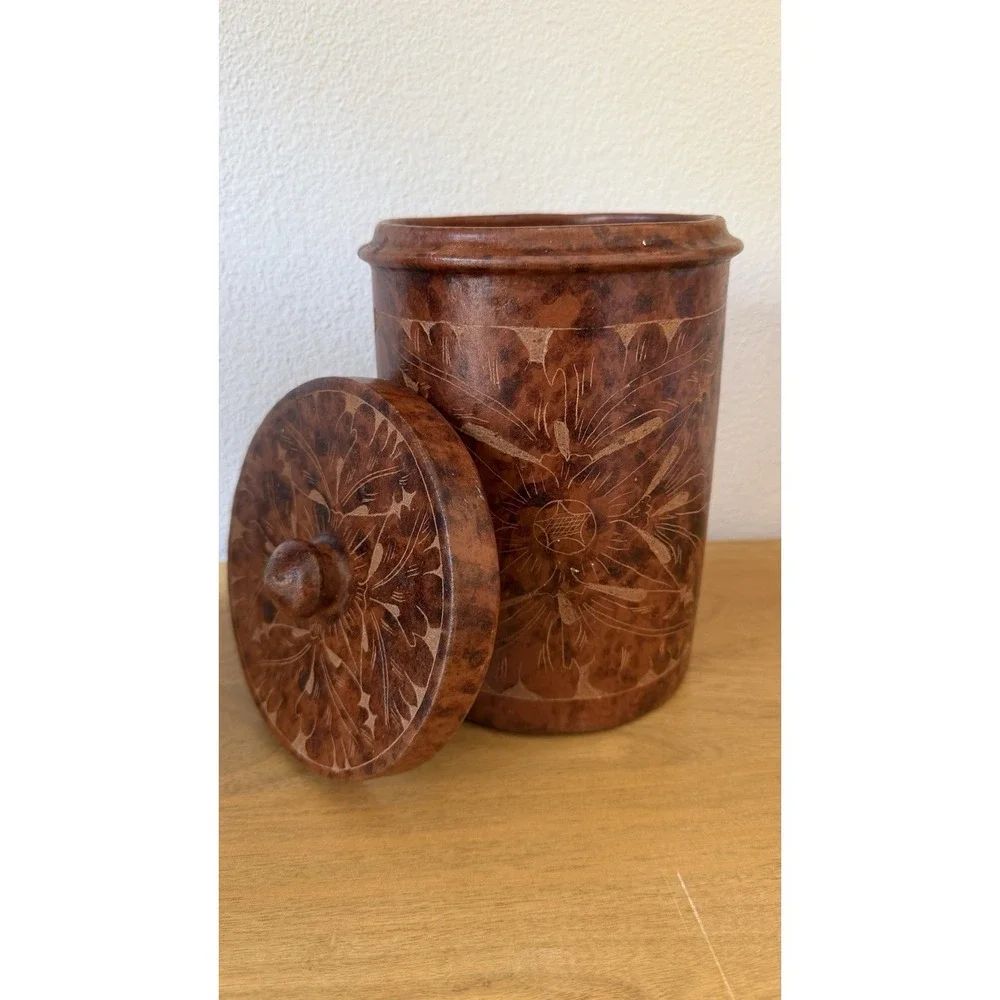 Pier 1 Handmade Sasak Carved Ceramic Canister Lid Rustic Brown Indonesia 8in